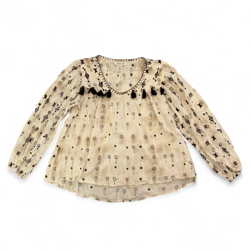 Rachel Zoe Cream Blouse with Black Embroidery & Tassels!
